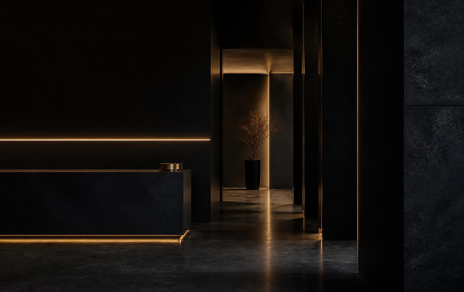 Dark architectural interior of a private wealth office